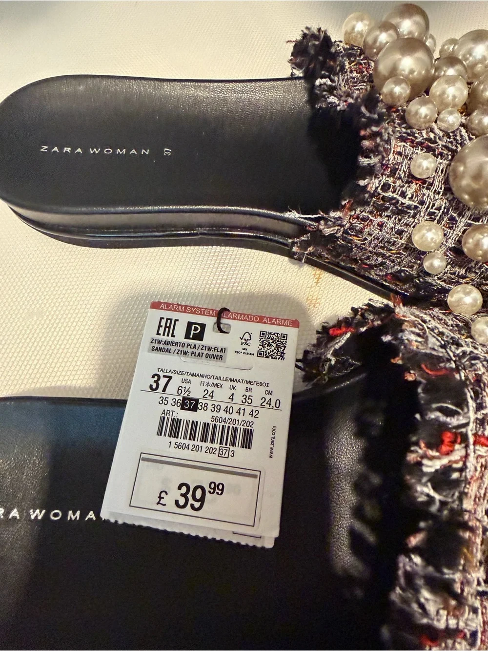 Zara Black Tweed Pearl Slide Sandals - Picture 4 of 5